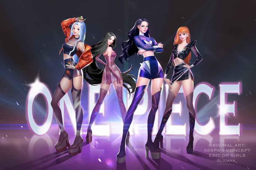 4girls, aespa, alternate_costume, artist_name, back, black_hair, blue_hair, boa_hancock