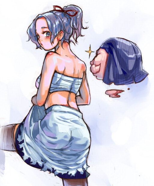 back, bare_shoulders, blue_eyes, blue_hair, from_behind, glint, hood, kumoi_ichirin