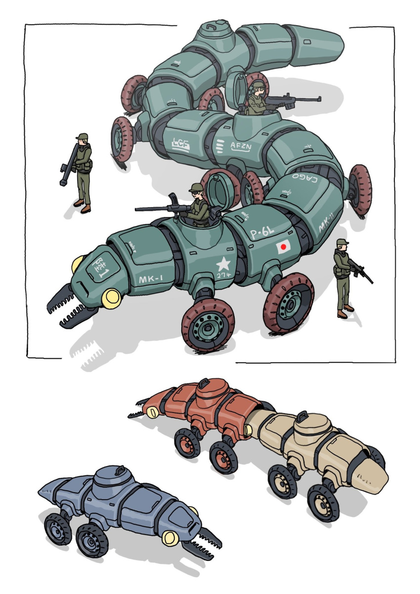 4boys, animal-themed_vehicle, gatling_santouhei, green_headwear, green_jacket, green_pants, gun, highres, jacket, japanese_flag, machine_gun, military_uniform, military_vehicle, motor_vehicle, multiple_boys, original, pants, rocket_launcher, science_fiction, shadow, tank, uniform, weapon, white_background