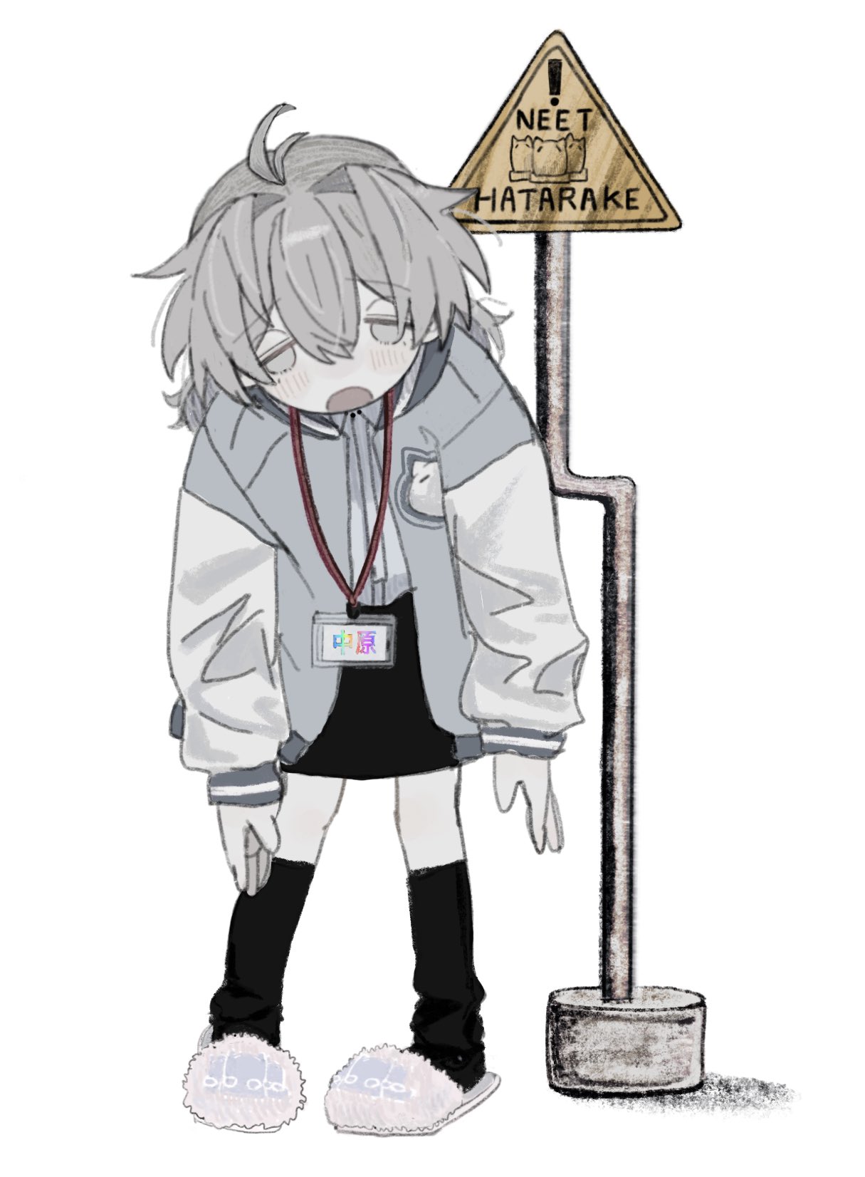 1girl, ahoge, antenna_hair, black_skirt, black_socks, blush, collared_shirt, dress_shirt
