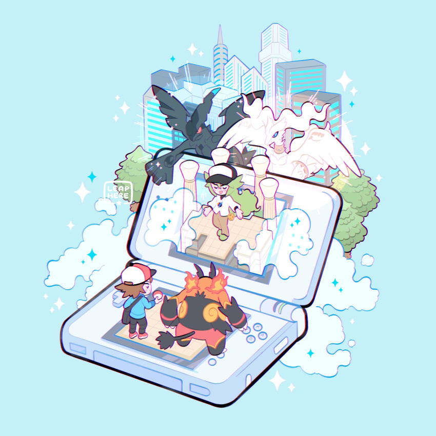2boys, :d, artist_name, bag, black_bag, black_headwear, black_pants, blue_jacket, blush, brown_pants, chibi, closed_eyes, commentary, emboar, green_footwear, handheld_game_console, hat, highres, hilbert_(pokemon), holding, holding_poke_ball, jacket, leaphere, long_sleeves, male_focus, multiple_boys, n_(pokemon), nintendo_ds, open_mouth, pants, poke_ball, poke_ball_(basic), pokemon, pokemon_(creature), pokemon_(game), pokemon_bw, redrawn, reshiram, shirt, shoes, shoulder_bag, smile, sparkle, standing, tree, u_u, undershirt, white_shirt, zekrom