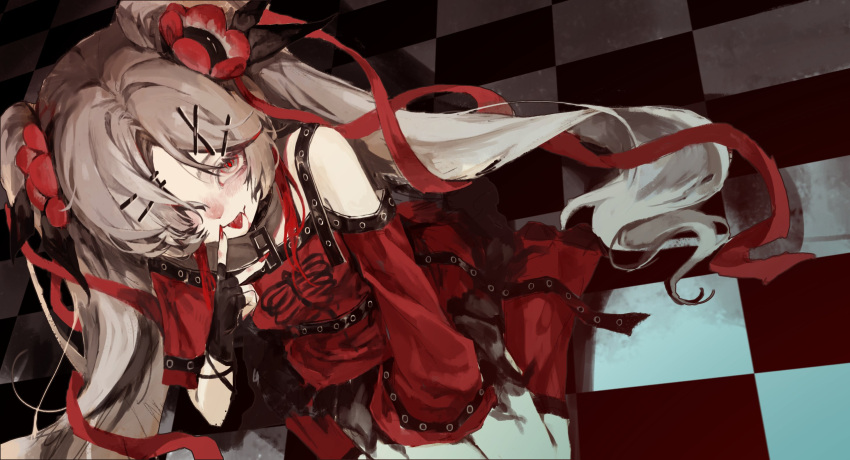 1girl, alternate_costume, bare_shoulders, black_gloves, fingerless_gloves, fingernails, flower, gloves