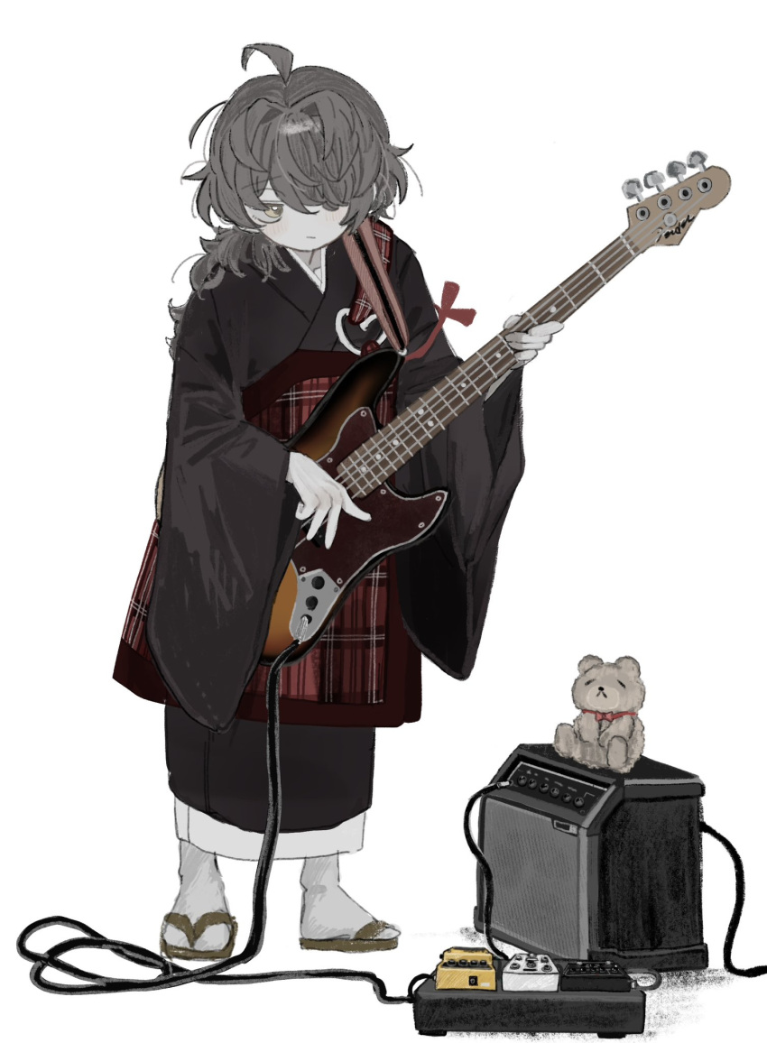 1girl, :/, ahoge, amplifier, bass_guitar, black_kimono, cable, colored_skin, effects_pedal, electric_guitar, expressionless, fender_jazz_bass, full_body, grey_hair, grey_skin, guitar, hair_intakes, hair_over_one_eye, highres, holding, holding_instrument, hougetsu_(moon_neetcat), instrument, japanese_clothes, kesa, kimono, long_hair, long_sleeves, looking_to_the_side, messy_hair, monk, original, plaid, sideways_glance, simple_background, solo, standing, stuffed_animal, stuffed_toy, teddy_bear, white_background, wide_sleeves, zouri