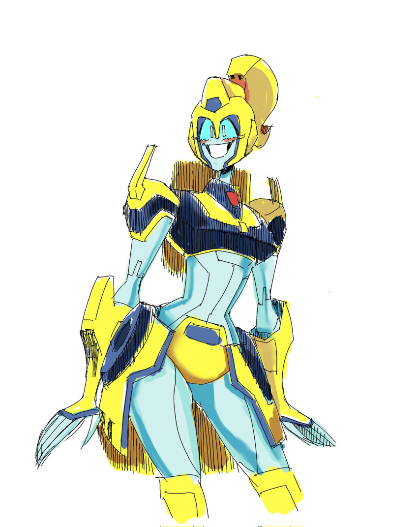 1girl, autobot, blue_hair, blue_skin, blush, breasts, colored_skin, curvy