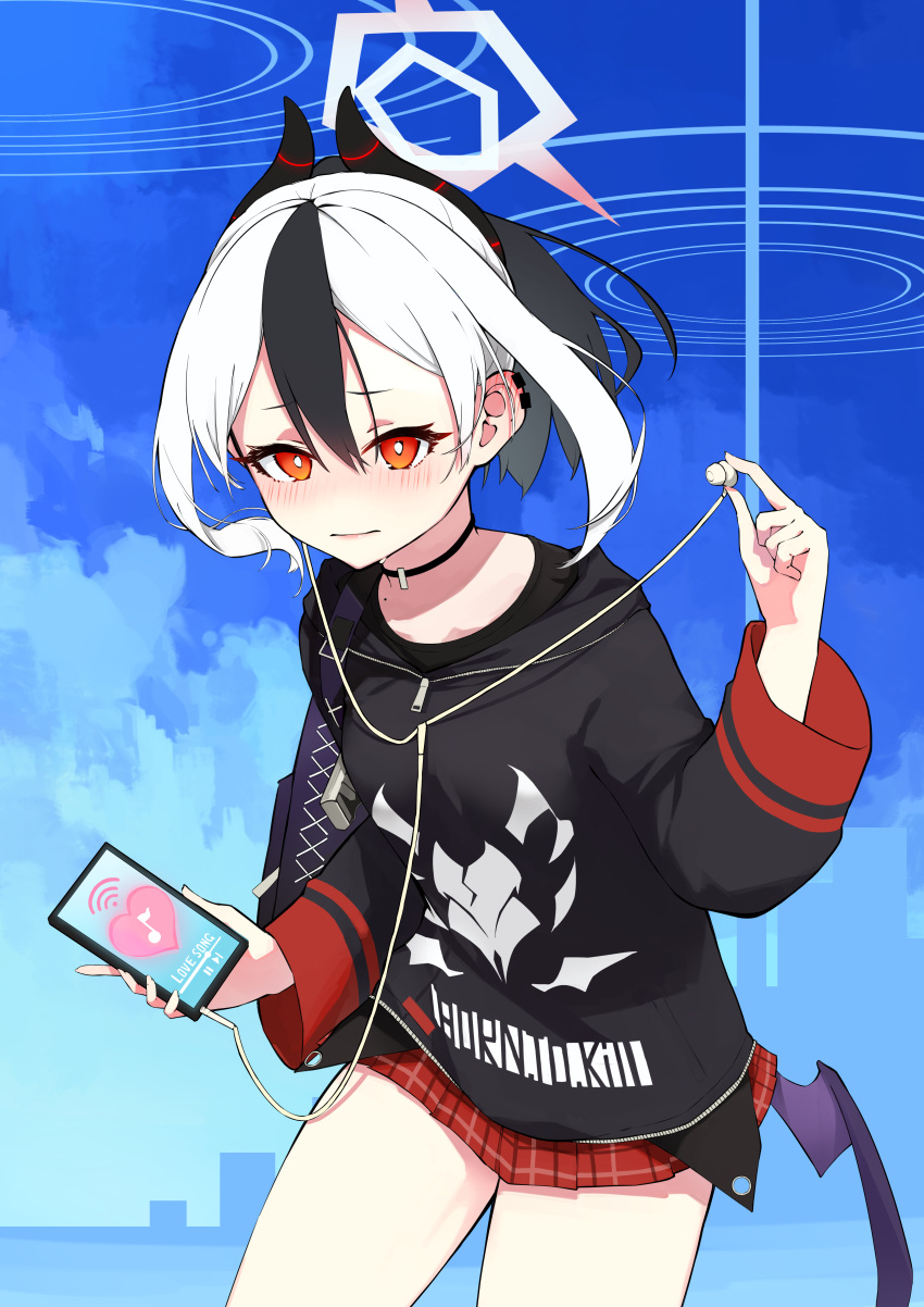 1girl, absurdres, blue_archive, blush, cellphone, choker, clouds, demon_horns