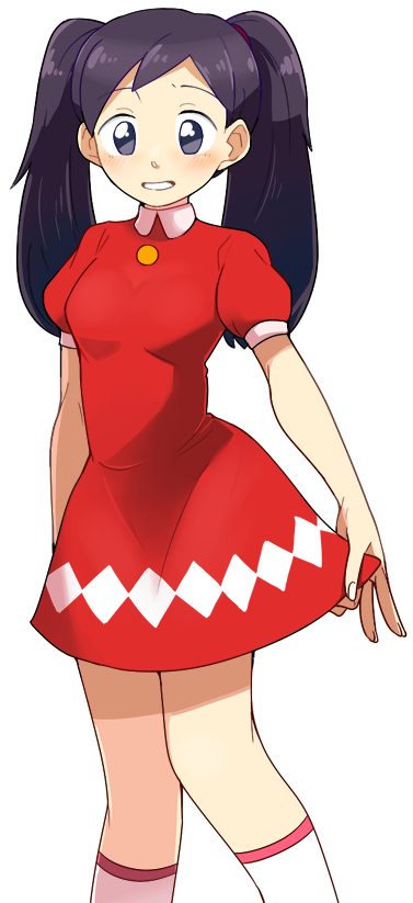 1girl, blue_eyes, blush, breasts, dress, hari_(kureon), kido_shuuko, long_hair, looking_at_viewer, mega_man_(series), mega_man_battle_network_(series), purple_hair, red_dress, red_skirt, shuko_kido_(mega_man), simple_background, skirt, smile, solo, twintails, white_background