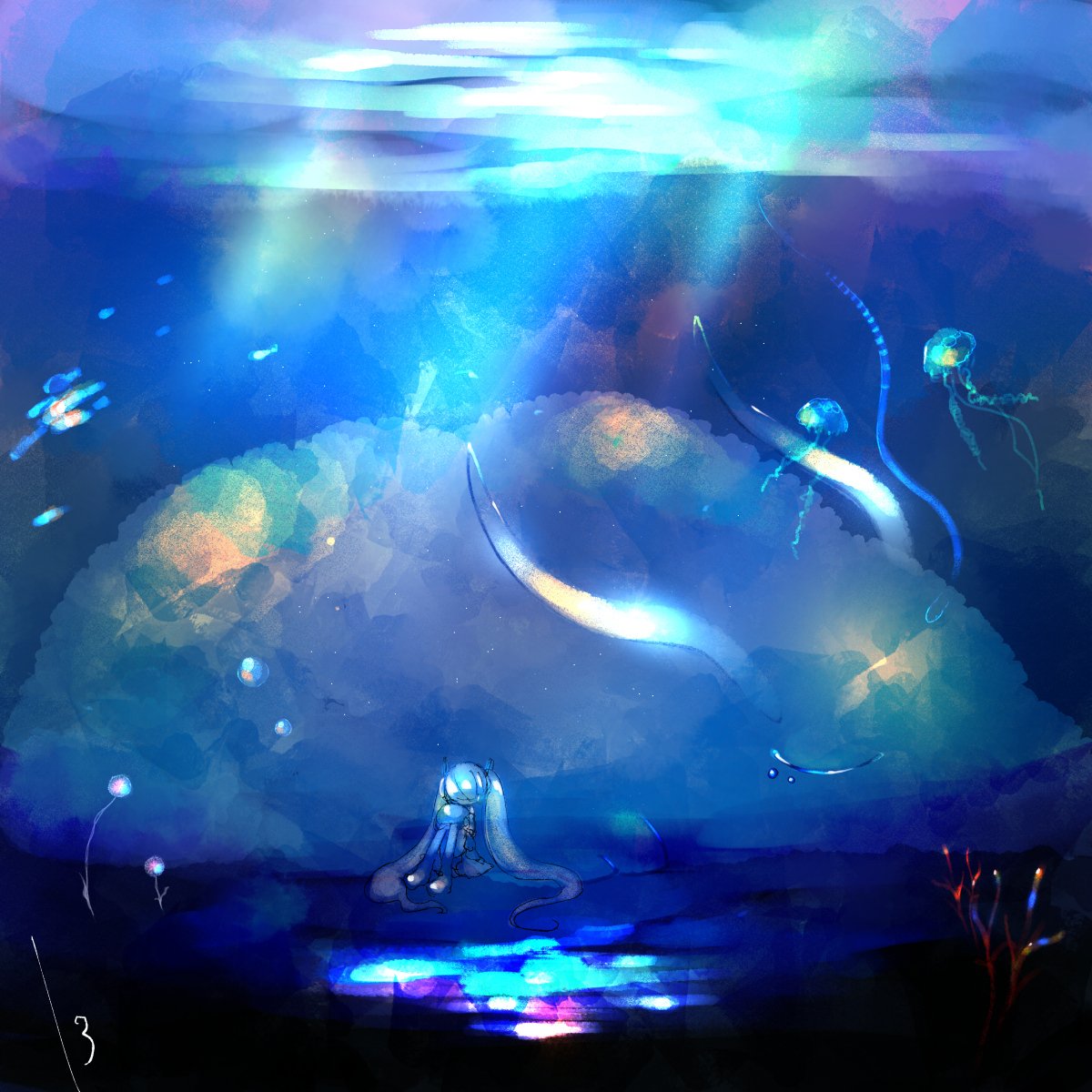 13_31n, 1girl, air_bubble, blue_hair, blue_theme, boots, bubble, closed_eyes, coral, giant, hair_ornament, hatsune_miku, highres, holding, horns, jellyfish, knees_up, light_rays, long_hair, object_hug, ocean, school_of_fish, signature, sitting, skirt, sleeping, sleeping_upright, thigh_boots, twintails, underwater, very_long_hair, very_wide_shot, vocaloid