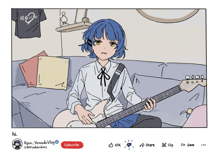 1girl, bass_guitar, black_ribbon, black_shirt, blue_hair, bocchi_the_rock!, commentary, couch