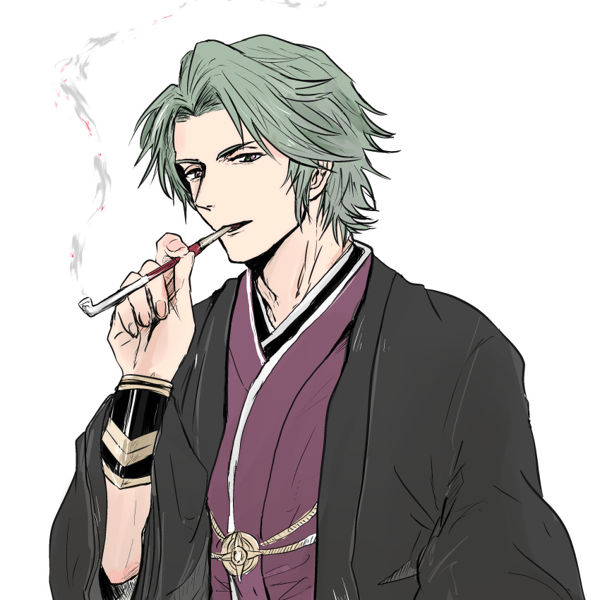 1boy, absurdres, alternate_costume, fire_emblem, fire_emblem_fates, green_eyes, green_hair, highres, japanese_clothes, kaze_(fire_emblem), kimono, kiseru, looking_at_viewer, male_focus, sarasoujyu, smoke, smoking_pipe, solo, upper_body