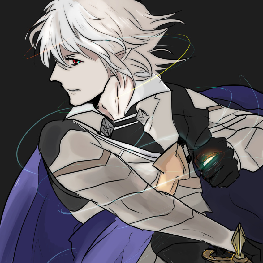 1boy, blue_cape, cape, collared_shirt, corrin_(fire_emblem), corrin_(male)_(fire_emblem), fire_emblem, fire_emblem_fates, highres, looking_at_viewer, male_focus, medium_hair, pointy_ears, pointy_nose, red_eyes, sarasoujyu, shirt, sidelocks, solo, upper_body, white_hair