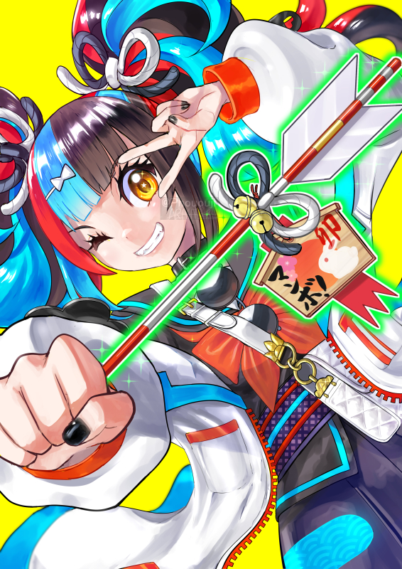 1girl, arrow_(projectile), bell, black_hair, blue_hair, bow, eyelashes, fate/grand_order