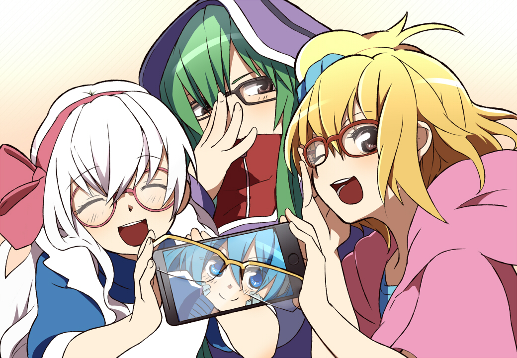 4girls, adjusting_eyewear, apron, black-framed_eyewear, blonde_hair, blue_eyes, blue_hair, blue_shirt