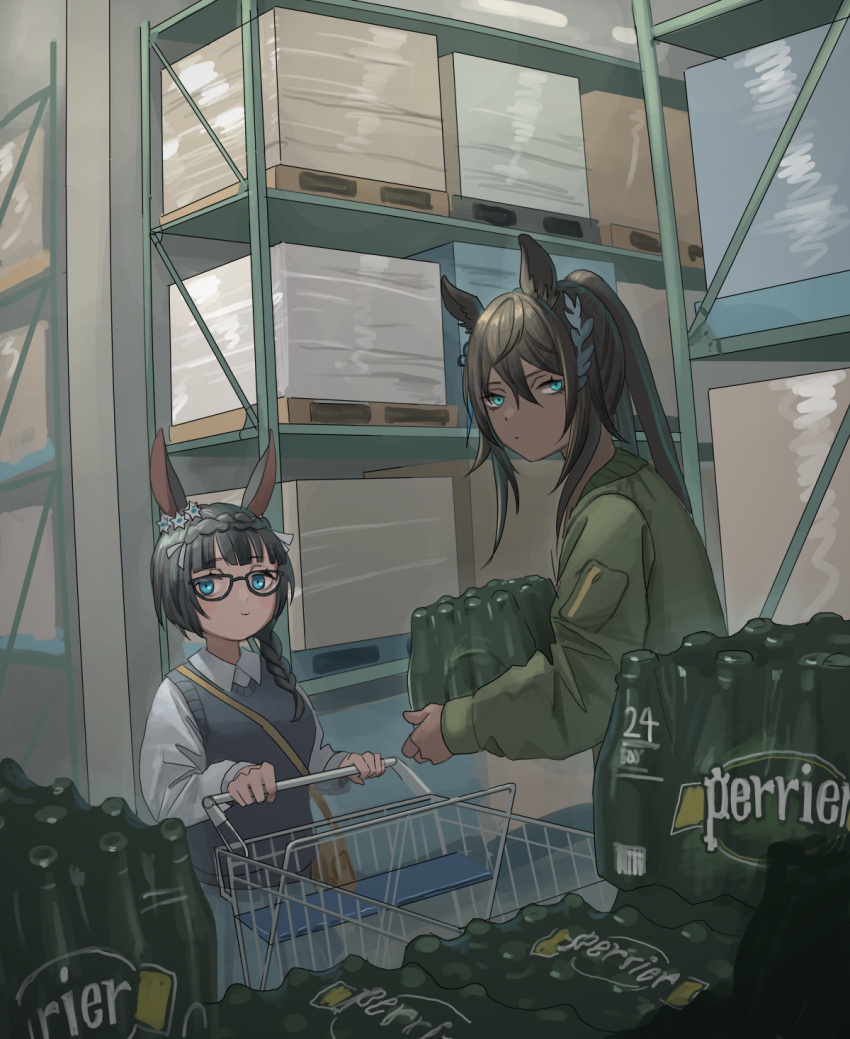 2girls, animal_ears, black-framed_eyewear, black_hair, blue_eyes, blue_skirt, bottle, braid