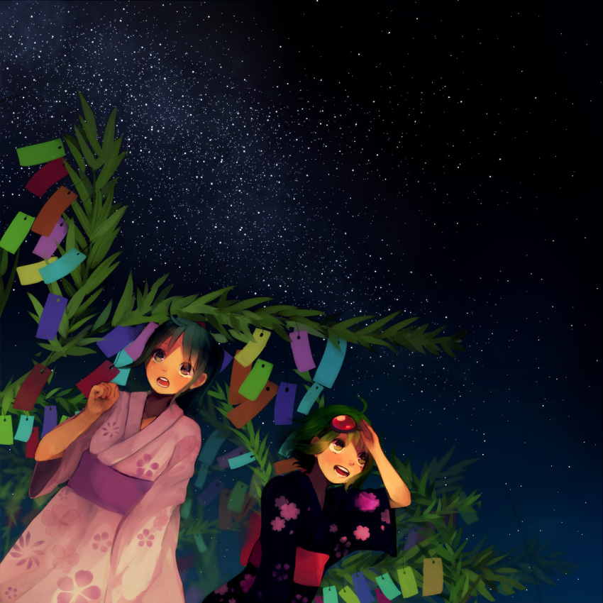 ahoge, aqua_eyes, aqua_hair, bad_id, bamboo, festival, futariboshi_(vocaloid), goggles, goggles_on_head, green_eyes, green_hair, gumi, hatsune_miku, highres, japanese_clothes, kimono, milky_way, multiple_girls, night, short_hair, smile, star, star_(sky), tamayo, tanabata, tanzaku, vocaloid, yukata