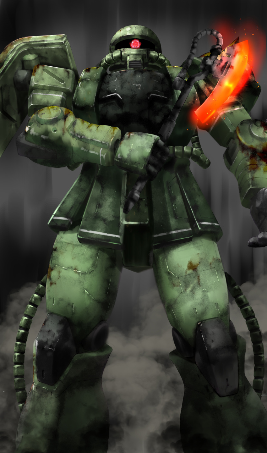 absurdres, cable, commentary_request, damaged, dirty, glowing, gundam, heat_hawk, highres, hose, mecha, mobile_suit, mobile_suit_gundam, nicobear_(user_rpsz5355), no_humans, one-eyed, red_eyes, robot, science_fiction, shield, solo, zaku_ii, zeon