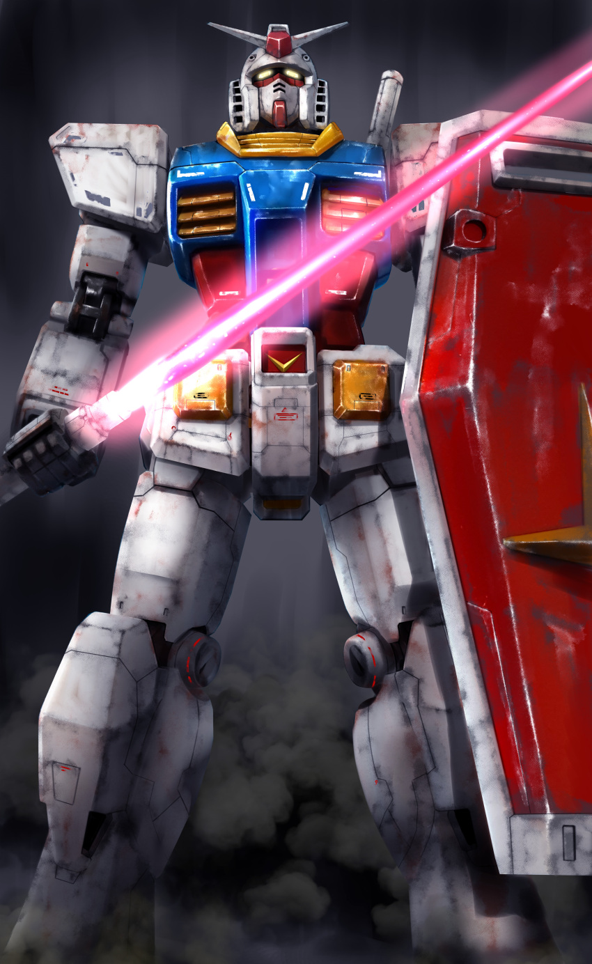 absurdres, beam_saber, damaged, dirty, earth_federation, energy_beam, glowing, glowing_eyes
