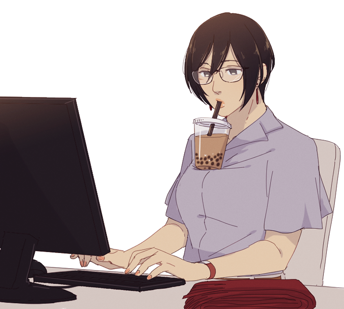 1girl, animal_ears, bespectacled, black_eyes, black_hair, breasts, bubble_tea, bubble_tea_challenge