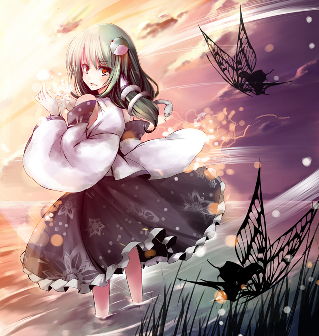 azuma_kurume, butterfly, detached_sleeves, green_hair, hair_ornament, kochiya_sanae, kurume_shou, looking_back, open_mouth, portrait, red_eyes, river, skirt, sky, snake, solo, sunset, touhou, water, wind