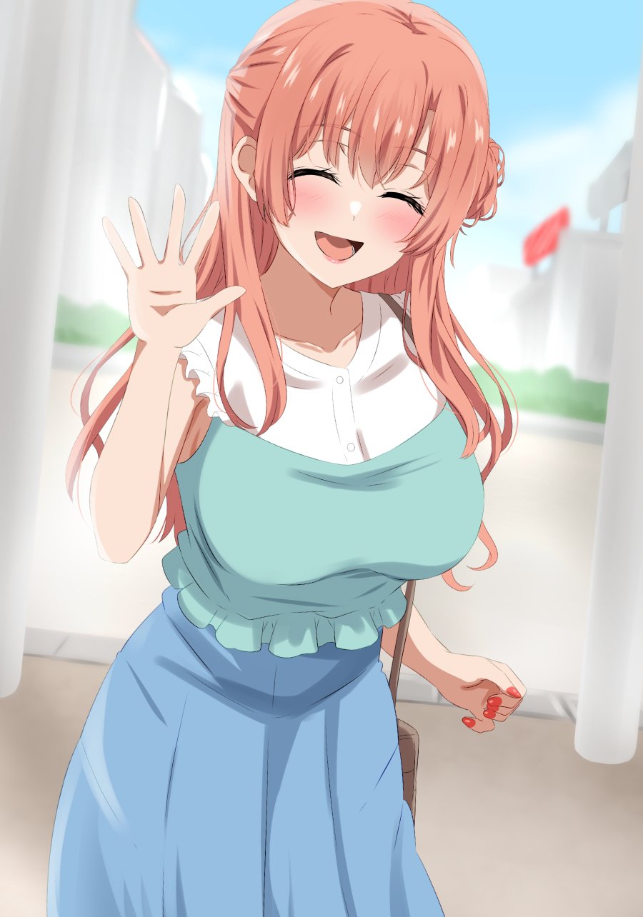 1girl, alternate_hairstyle, blush, breasts, closed_eyes, collarbone, cowboy_shot, dars_(recolors), dress, hair_bun, highres, large_breasts, long_dress, long_hair, open_mouth, orange_hair, outdoors, red_nails, single_hair_bun, single_side_bun, solo, waving, yahari_ore_no_seishun_lovecome_wa_machigatteiru., yuigahama_yui