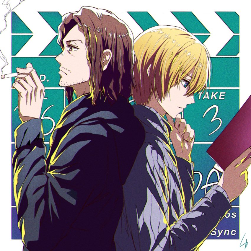 2boys, 4b-enpitsu, back-to-back, black_hoodie, blonde_hair, blue_eyes, brown_eyes, brown_hair