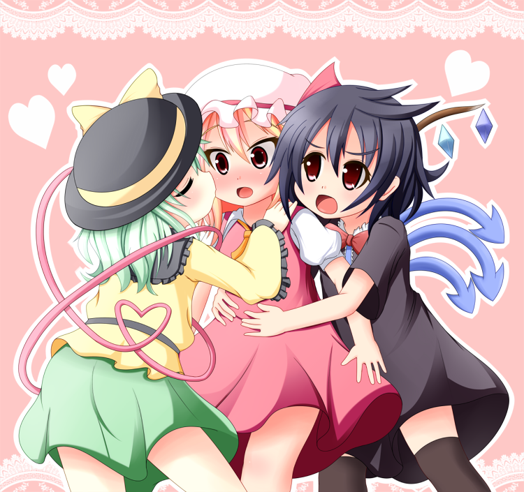 black_hair, black_legwear, blonde_hair, blush, bow, flandre_scarlet, green_hair, hat, heart, heart_of_string, houjuu_nue, kiss, komeiji_koishi, open_mouth, red_eyes, short_hair, skirt, thighhighs, touhou, wings, youjo_no_mikata, yuri
