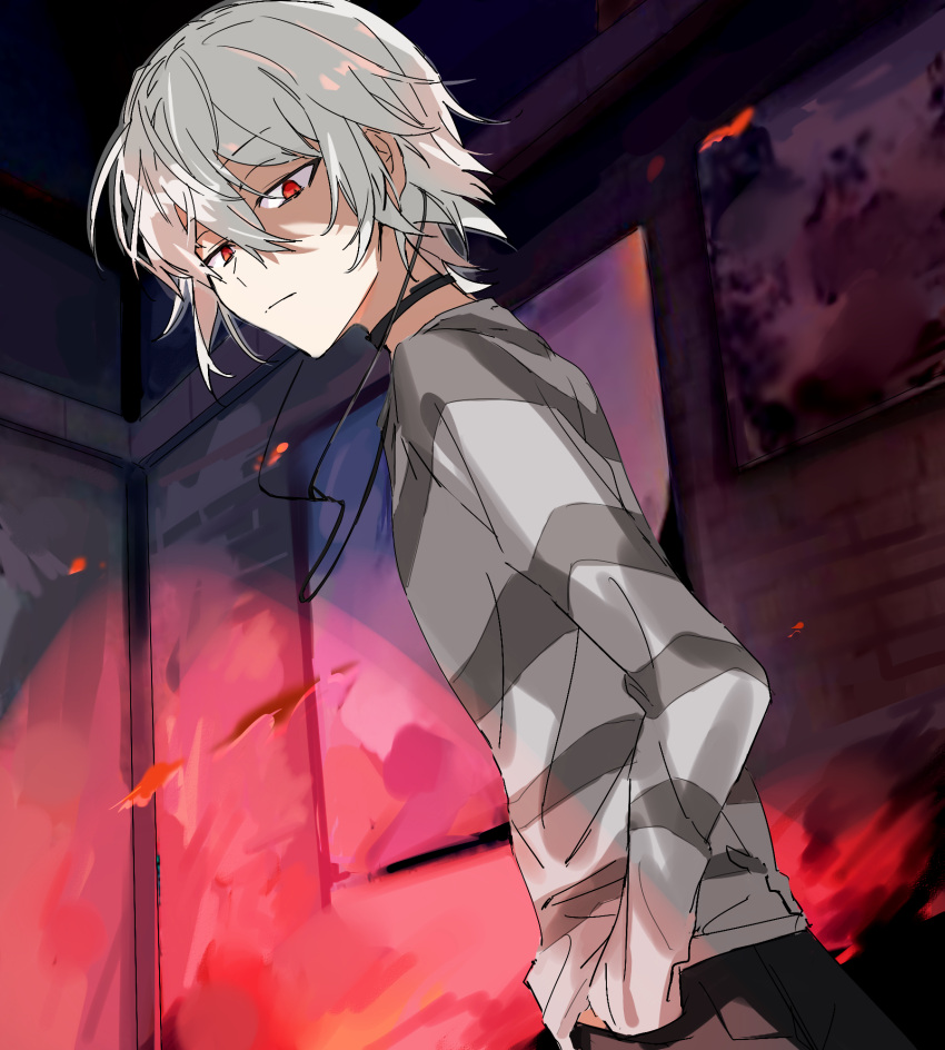 1boy, accelerator_(toaru_majutsu_no_index), anninn_do_fu, closed_mouth, commentary_request, cowboy_shot, electrodes, from_below