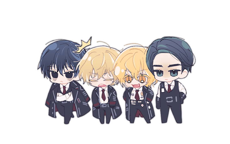 1girl, 3boys, black_coat, black_eyes, black_hair, black_pants, black_vest, blonde_hair