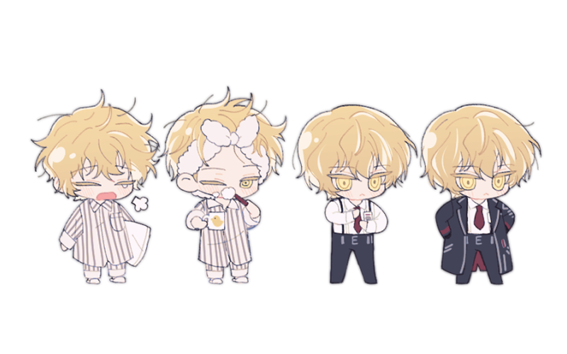 1boy, black_coat, black_pants, brushing_teeth, chibi, closed_eyes, coat, commentary, cup, dressing, holding, holding_cup, limbus_company, lm_(lc_goodgame), long_sleeves, multiple_views, necktie, open_mouth, pajamas, pants, project_moon, red_necktie, shirt, simple_background, sinclair_(limbus_company), sweat, symbol-only_commentary, white_background, white_shirt