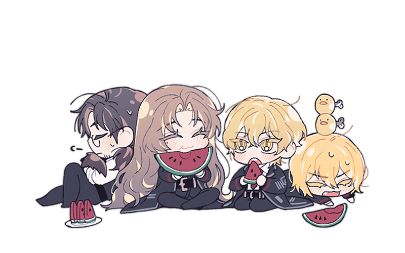 2boys, 2girls, :3, black_coat, black_pants, blush, brown_hair, closed_eyes