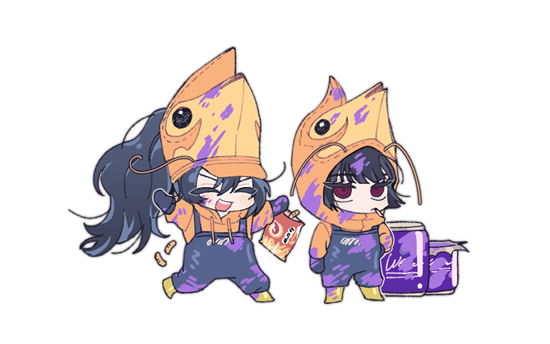 1boy, 1girl, antennae, bag, black_hair, blue_overalls, boots, can