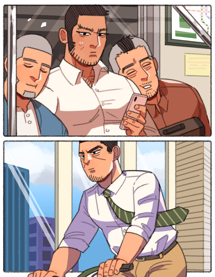 4boys, belt, black_belt, black_hair, brown_pants, brown_shirt, closed_eyes, closed_mouth, collared_shirt, facial_hair, foazycozy, grey_hair, holding, holding_phone, male_focus, multiple_boys, necktie, pants, phone, shirt, short_hair, sideburns, sleeping, sleeping_upright, very_short_hair, white_shirt