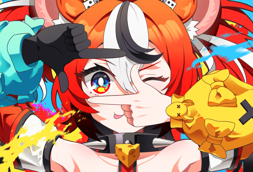 1girl, absurdres, animal_ears, asymmetrical_sleeves, blue_eyes, collar, detached_sleeves, finger_frame