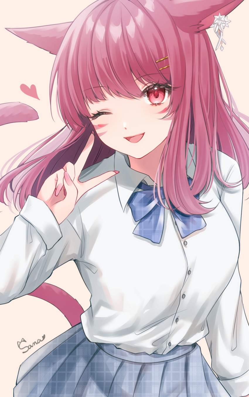 1girl, ;d, absurdres, animal_ears, bow, bowtie, breasts, cat_ears