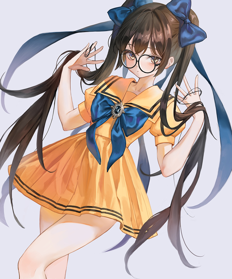 1girl, black-framed_eyewear, blue_bow, blue_ribbon, bow, bowtie, brown_eyes, brown_hair, closed_mouth, collarbone, commentary, cowboy_shot, english_commentary, glasses, grey_background, hair_between_eyes, hair_bow, hair_ribbon, long_hair, looking_at_viewer, original, oto1_030, pleated_skirt, puffy_short_sleeves, puffy_sleeves, ribbon, round_eyewear, sailor_collar, school_uniform, serafuku, short_sleeves, simple_background, skirt, solo, standing, twintails, very_long_hair, white_background