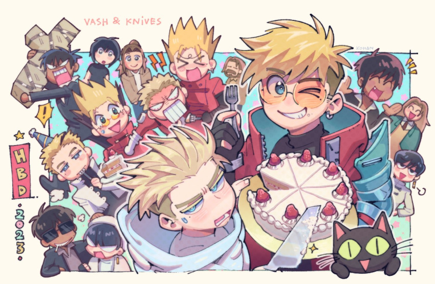 >_<, 4girls, 6+boys, :d, ^_^, beret, birthday_cake, black_shirt