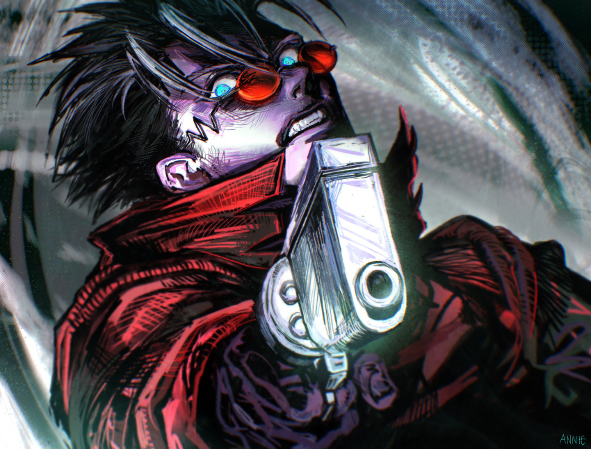 1boy, absurdres, anniechromes, black_gloves, blue_eyes, glasses, gloves, grey_background