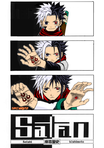 666_satan, angry, bishounen, black_eyes, black_hair, blue_eyes, devil, heterochromia, jio_freed, male, red_eyes, scarf, shonen, short_hair, shounen, smile, solo, tattoo, white_hair