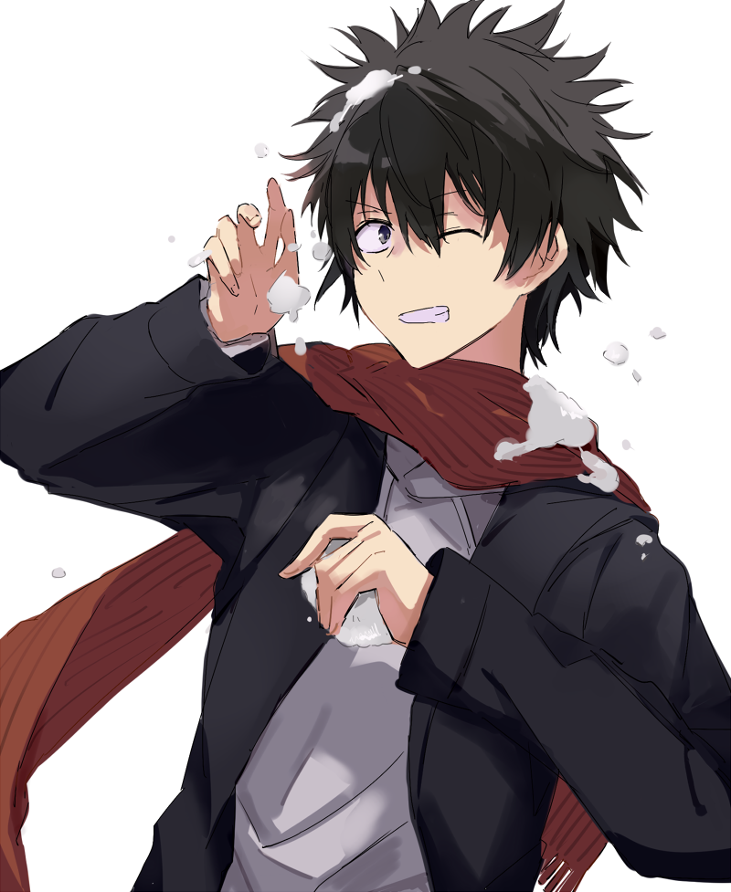 1boy, anninn_do_fu, black_eyes, black_hair, brown_scarf, commentary_request, hands_up, kamijou_touma