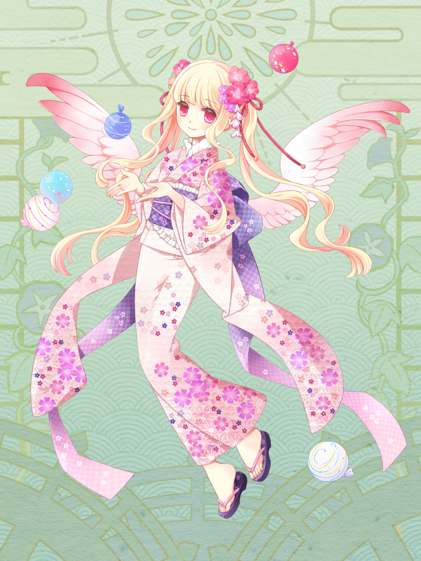 1girl, blonde_hair, dairoku_ryouhei, feathered_wings, floral_print, flower, full_body, gradient_wings