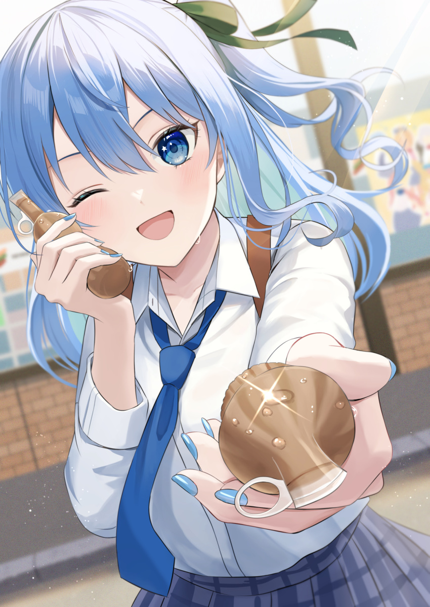 1girl, blue_eyes, blue_hair, blue_necktie, blush, cola, highres, hololive