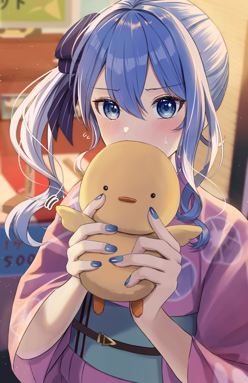 1girl, absurdres, blue_eyes, blue_hair, blush, hair_between_eyes, hair_ribbon, highres