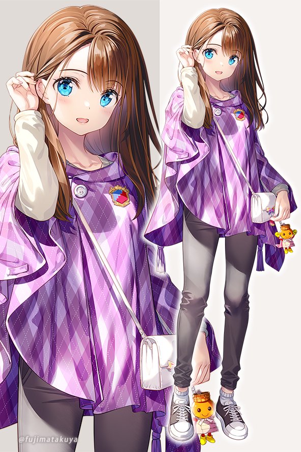 1girl, :d, argyle, bag, black_footwear, black_pants, blue_eyes, brown_hair