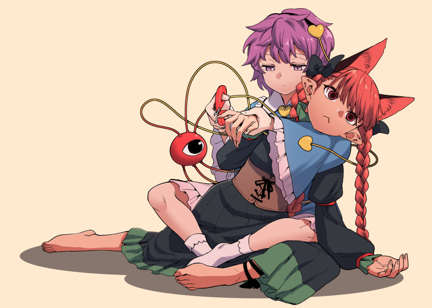2girls, :<, barefoot, black_bow, blue_shirt, bow, braid, closed_mouth