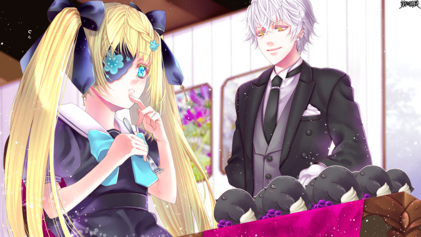 1boy, 1girl, black_bow, black_dress, black_necktie, black_suit, blonde_hair, blue_bow