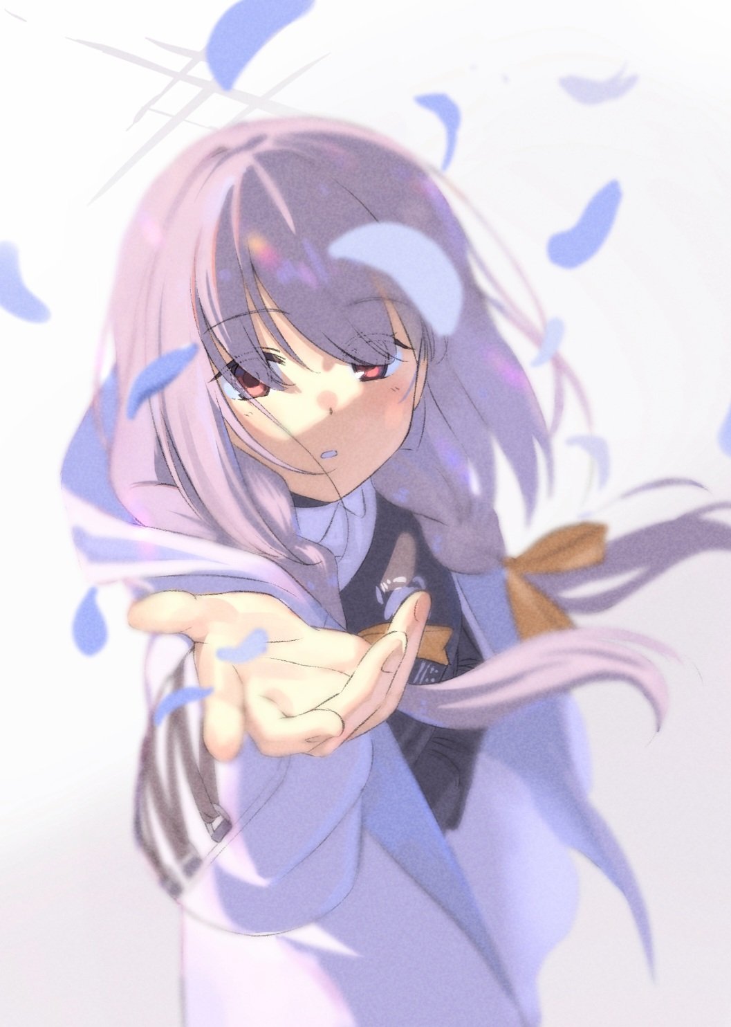 1girl, atsuko_(blue_archive), blue_archive, bow, braid, coat, falling_petals, from_above