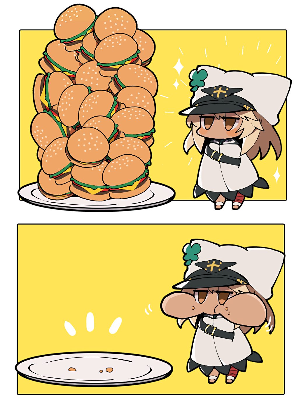 1girl, blonde_hair, brown_eyes, burger, cabbie_hat, cape, chibi, food