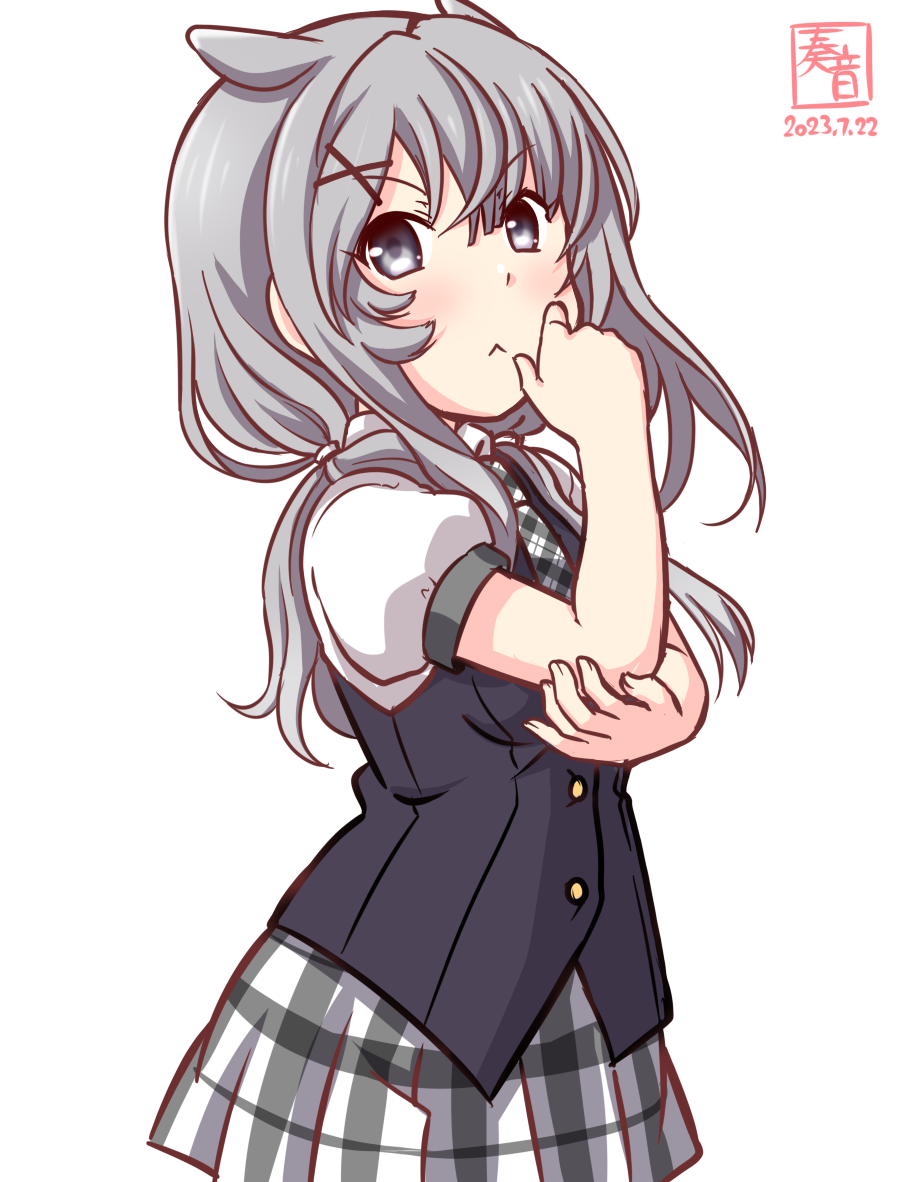 1girl, alternate_costume, artist_logo, cowboy_shot, dated, fake_horns, grey_eyes, grey_hair