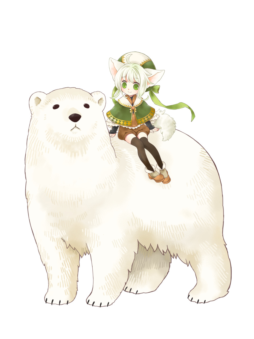 1girl, ahoge, bear, black_eyes, black_thighhighs, brown_footwear, brown_shorts, chiroru_candybell, dairoku_ryouhei, green_eyes, green_headwear, green_ribbon, hair_ribbon, highres, kotori_popo, long_sleeves, looking_at_viewer, medium_hair, polar_bear, ribbon, shorts, sitting, smile, tail, thigh-highs, transparent_background, white_hair