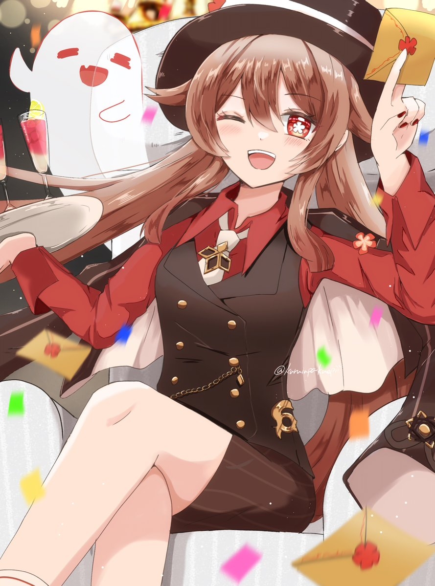 1girl, artist_name, black_headwear, black_nails, black_skirt, black_vest, blush, brown_hair