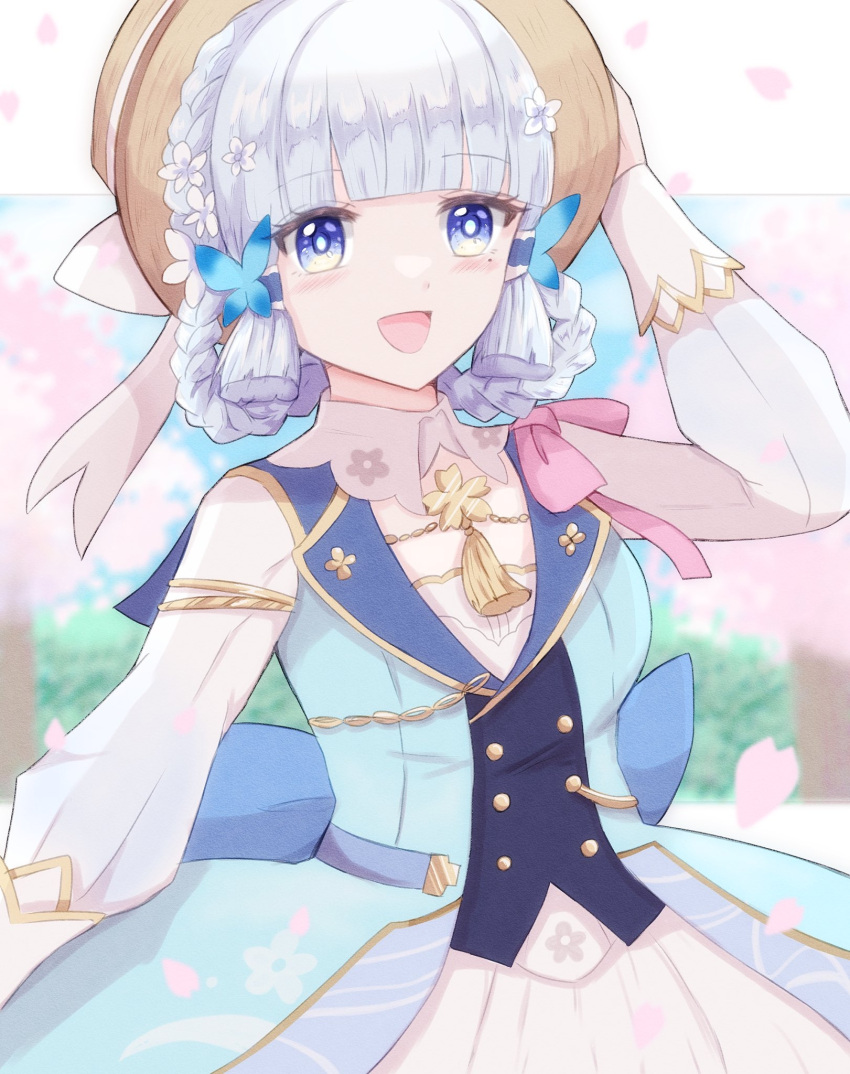 1girl, blue_dress, blue_hair, blunt_bangs, blush, braid, breasts, brown_headwear
